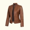 Women's Tan Brown Lambskin Leather Cafe Racer Jacket | HlX-A1011