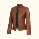 Women's Tan Brown Lambskin Leather Cafe Racer Jacket | HlX-A1011
