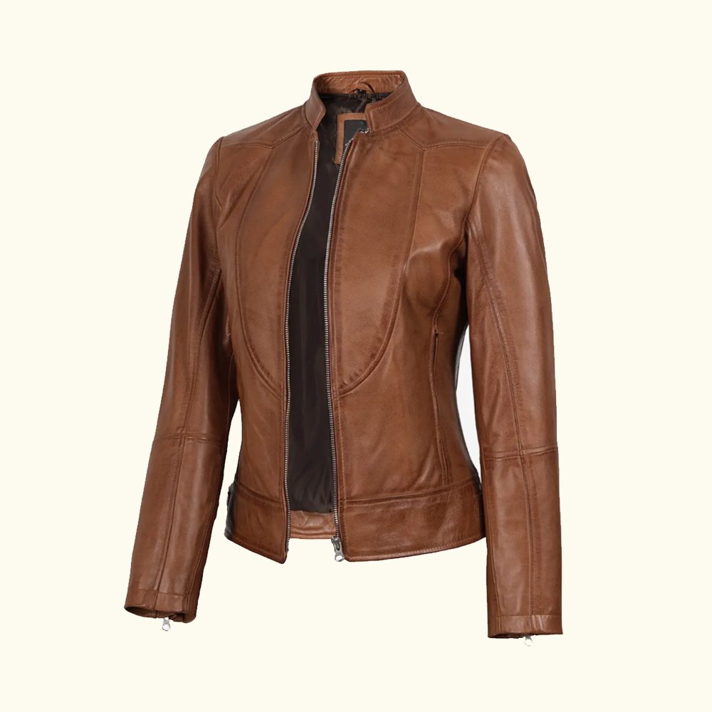 Women's Tan Brown Lambskin Leather Cafe Racer Jacket | HlX-A1011