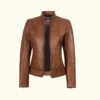 Women's Tan Brown Lambskin Leather Cafe Racer Jacket | HlX-A1011 - Image 3