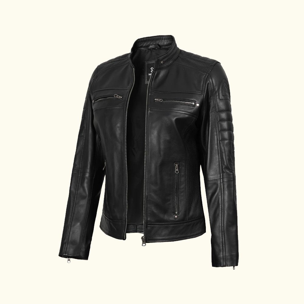 Women's Black Cafe Racer Real Lambskin Leather Jacket | HlX-A1012