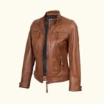 Women's Cafe Racer Tan Real Leather Jacket | HlX-A1013