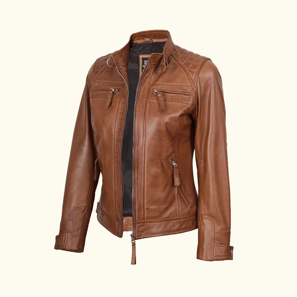 Women's Cafe Racer Tan Real Leather Jacket | HlX-A1013