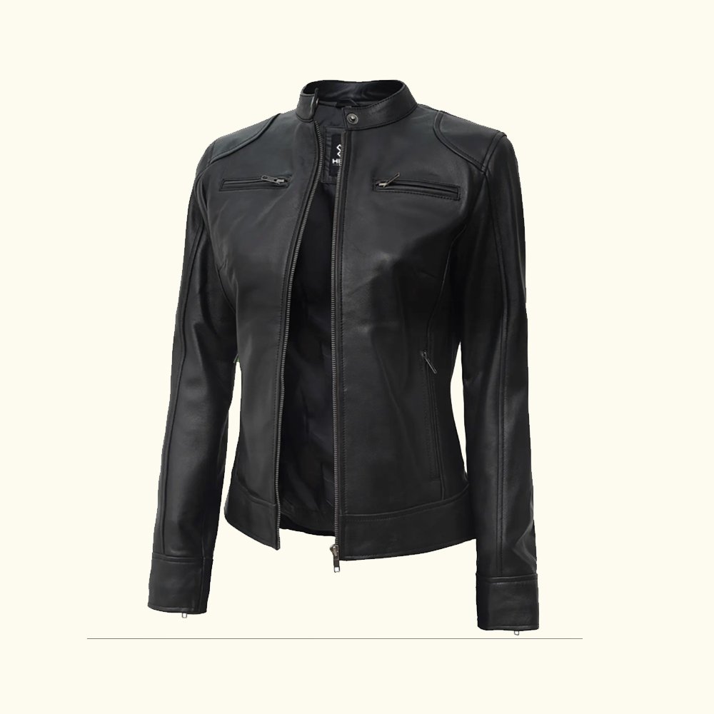 Women's Black Lambskin Leather Biker Jacket | HlX-A1014