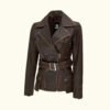 Women's Asymmetrical Rub-off Brown Belted Biker Jacket | HlX-A1015