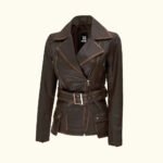 Women's Asymmetrical Rub-off Brown Belted Biker Jacket | HlX-A1015