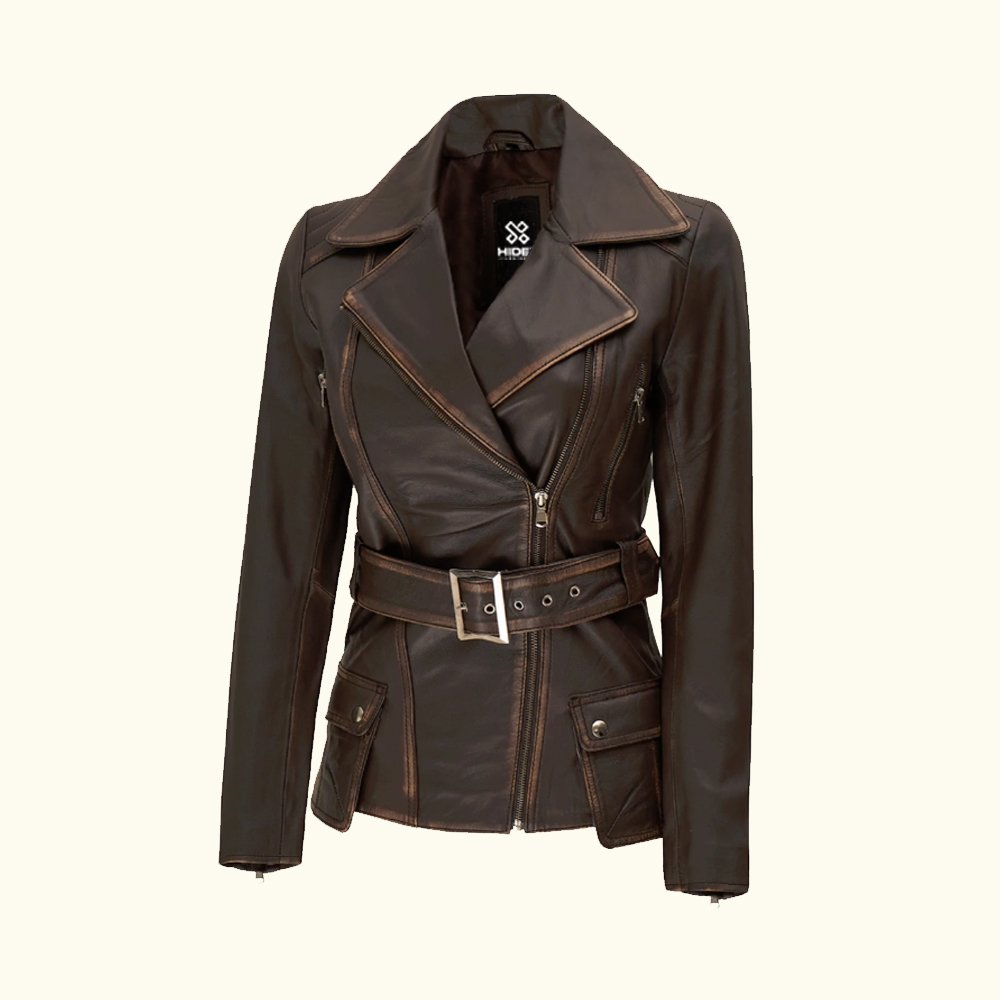 Women's Asymmetrical Rub-off Brown Belted Biker Jacket | HlX-A1015