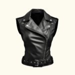 Women’s Black Biker Leather Vest | Sheepskin | HlX-A1037